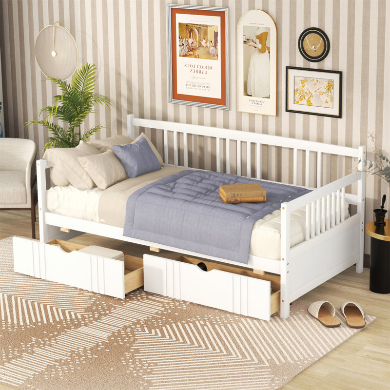 Lit de jour simple en bois avec deux tiroirs, parfait pour le confort et le rangement dans les maisons modernes, Blanc