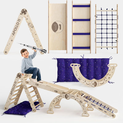 Apollo 5-in-1 Space Climbing Set for Toddlers – NASA-Inspired Montessori Wooden Gym: Pikler Triangle, Moon Arch, Ramp, Net & Star Cushion – For Little Astronauts Ages 1-5