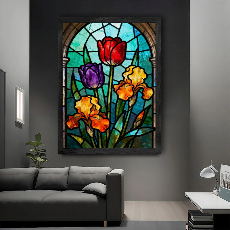Art mural floral noir encadré noir - tulipes colorées boho et iris, H 25 po x l 17 po