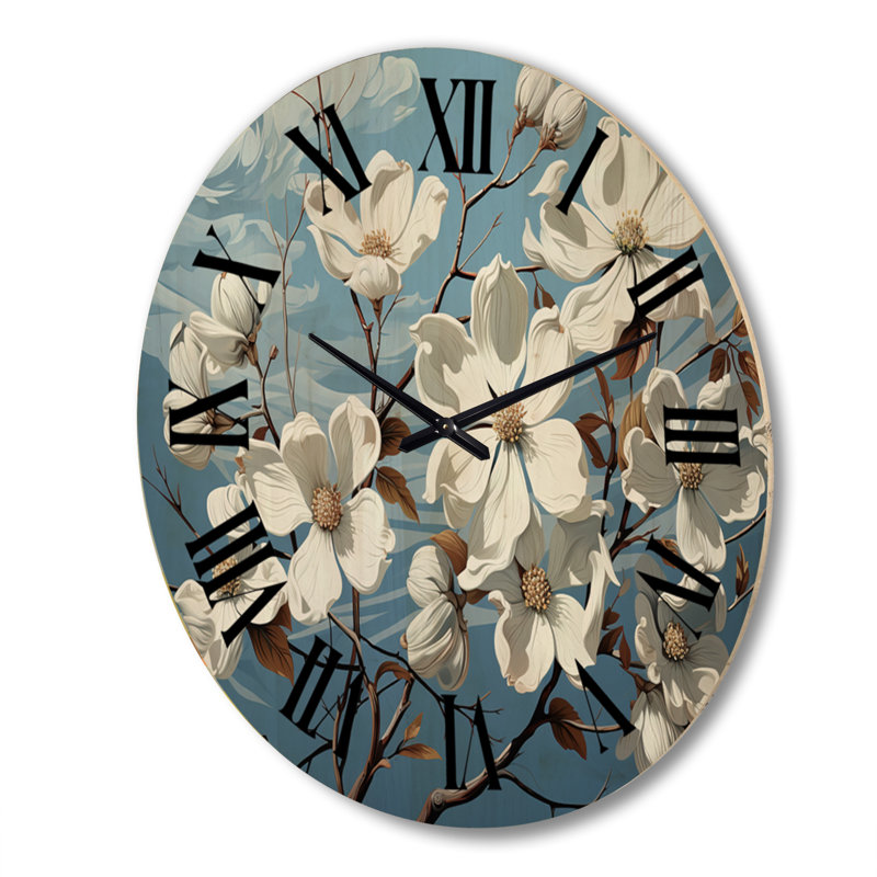 White Blue Dogwood Delight II - Floral Oversized Wood Wall Clock, Très grand