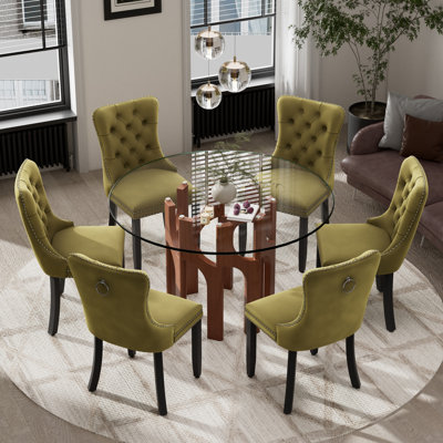 Ensemble de table de salle à manger ronde en verre avec base géométrique et chaises en velours 4/6 pour les petits espaces, la salle à manger et la cuisine