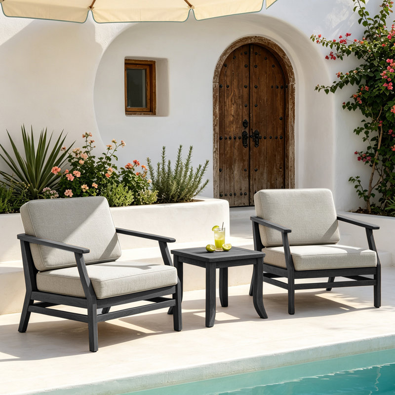 Ensemble de patio extérieur en teck pour deux personnes avec coussins et table d'appoint Polett, 3 pièces: 2 chaises, table