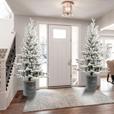 Single Pre-Lit Flocked Basin Christmas Tree, Snowy Faux Design