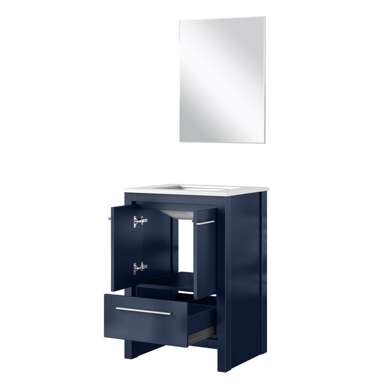 Lafarre 24'' Single Bathroom Vanity with Marble Top with Mirror, Navy Blue, White Cultured Marble