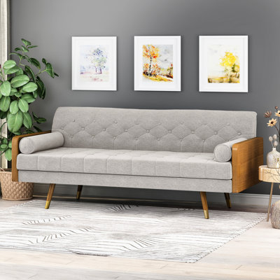 Mid Century Modern Fabric - Beige With Diamond Stitching And Waffle Seating, Splayed Legs Gold Tips Bolster Pillows, 30.5"D X 70.47"W 31.44"H Upholstery, Stitching, Seating Tips,