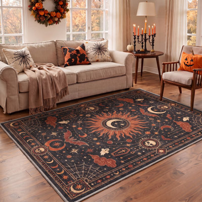 Halloween Dancing Skeleton Area Rug, Black / Orange, Machine Washable, Low-Pile, Non-Slip