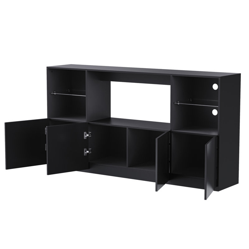 High Gloss TV Stand With LED Lights, Modern Sideboard With Large Storage Cabinet, Media Console With Tempered Glass Shelves For Tvs Up To 75", Living Room, Black, 67"Wx13.7"D