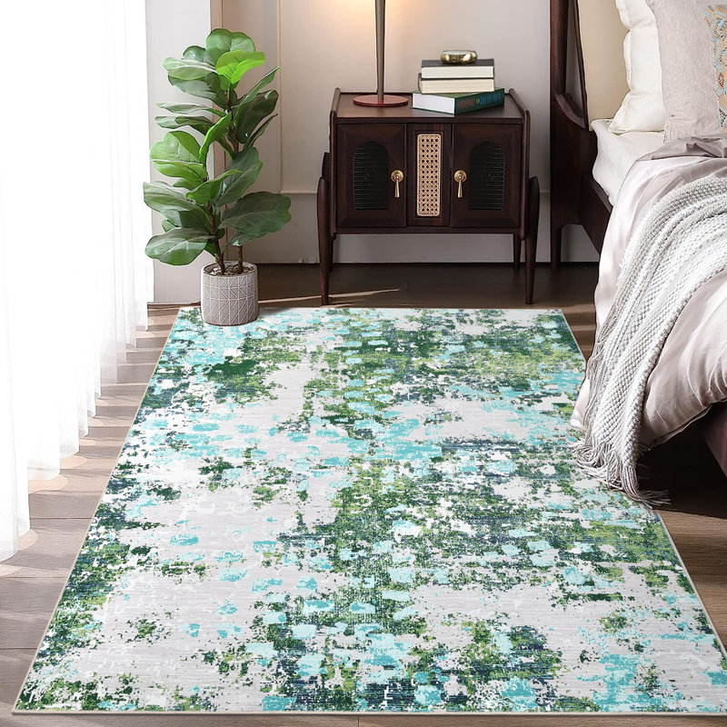 Tapis moderne et coloré abstrait, tapis lavable pour chambre à coucher et salon, Green, Rectangle 5 pi x 7 pi