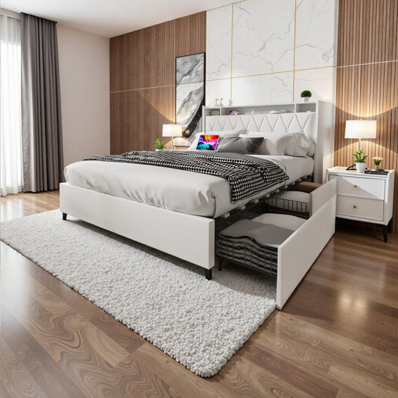 Élégante base de lit pour grand lit avec tête de lit ergonomique, prises et rangement intégrés - aucun sommier nécessaire