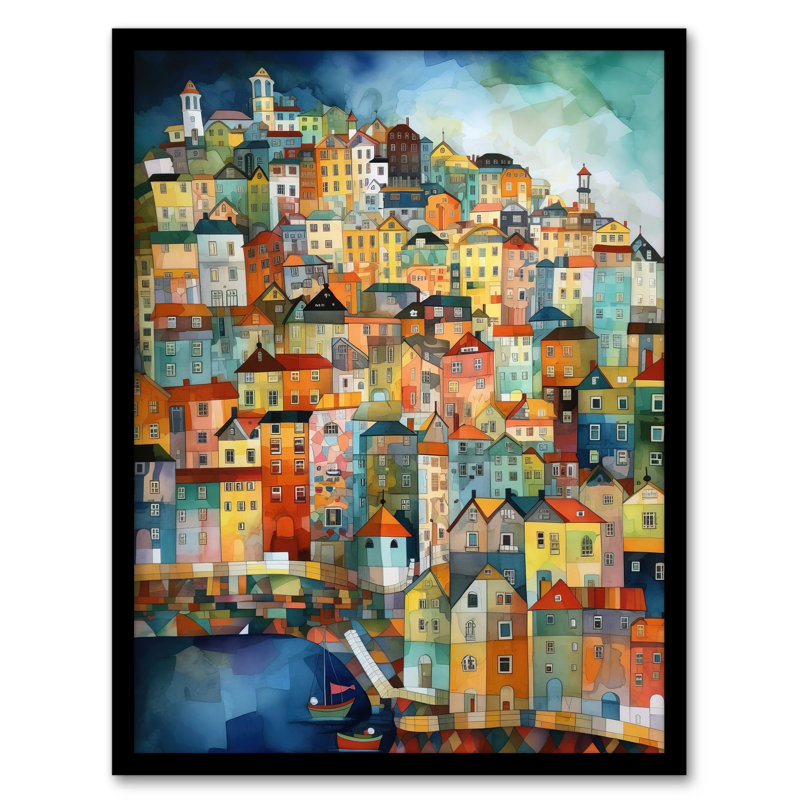 Seaside Village Folk Colourful Coastal - Single Picture Frame Print