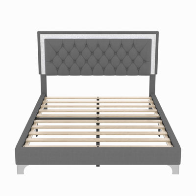 Queen Size Upholstered Bed Frame With Led Lights,Modern Velvet Platform Bed With Tufted Headboard