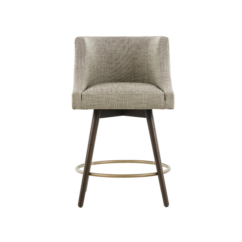 Tabouret de comptoir beige recouvert - pieds en bois massif au fini café foncé, revêtement en bronze antique, capacité de pivotement,