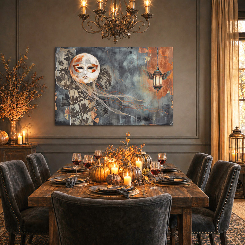 Art mural sur toile, masque blanc et lanterne ailée en texture cuivre, 20"H x 30"W