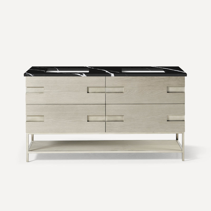 Meuble-lavabo en chêne noir mat 60 po avec plateau en quartz, Pierre, Noir mat