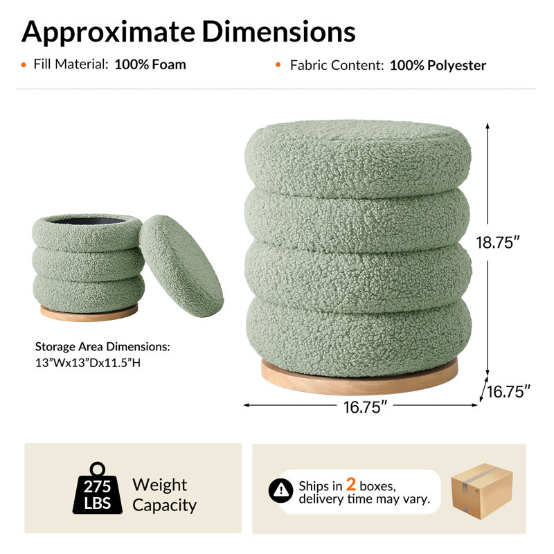 Rosa Modern Storage 360°Swivel Round Ottoman With Solid Wood Base, Green
