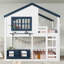 Lit double avec conception de maison, blanc et bleu, rails autour du lit, marches stables, bibliothèque pour un rangement pratique, utilisation de l'espace vertical
