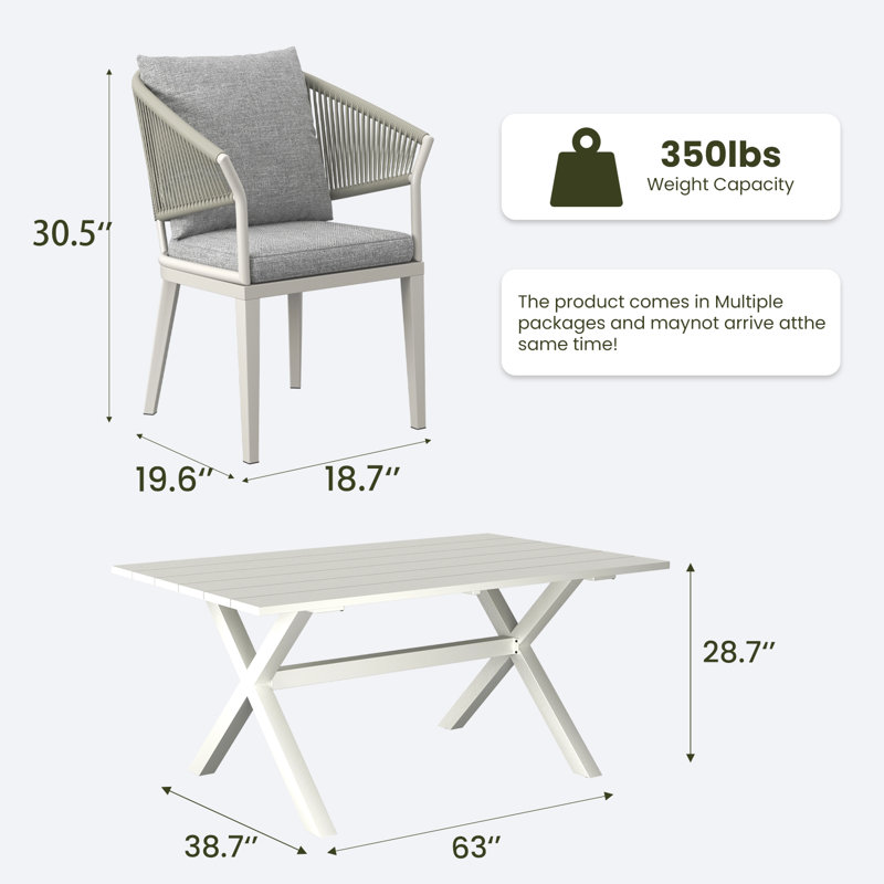 8 - Person Rectangular Outdoor Dining Set With Cushions, Light Gray Cushion/White Frame, 9 Pcs: Table, 8 Chairs