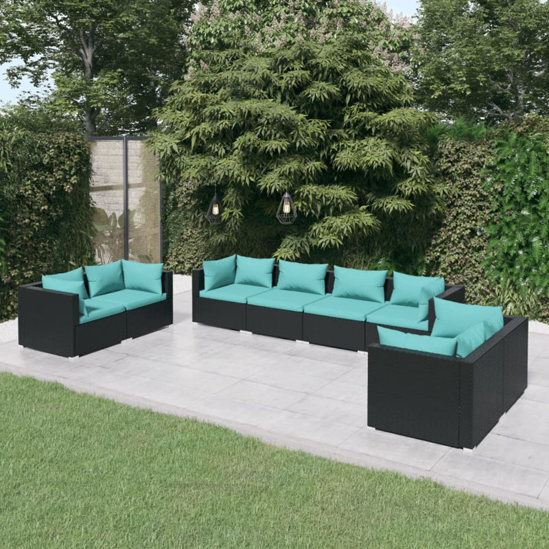 8 Piece Lounge Sofa Seating Group, Black, Water blue