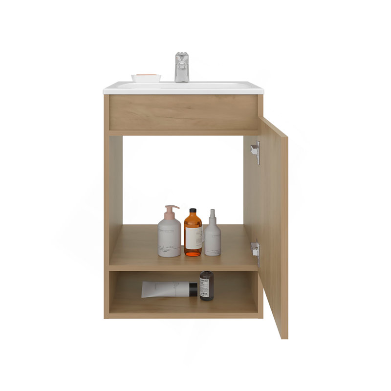Meuble-lavabo mural flottant Nissi avec armoire à une porte et lavabo en résine compact
