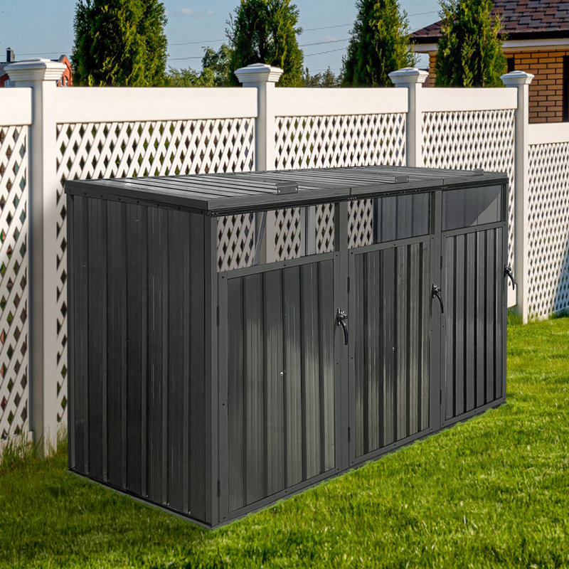 Garbage Bin Shed Stores 3 Trash Cans Metal Outdoor Bin Shed For Garbage Storage,Black, Black