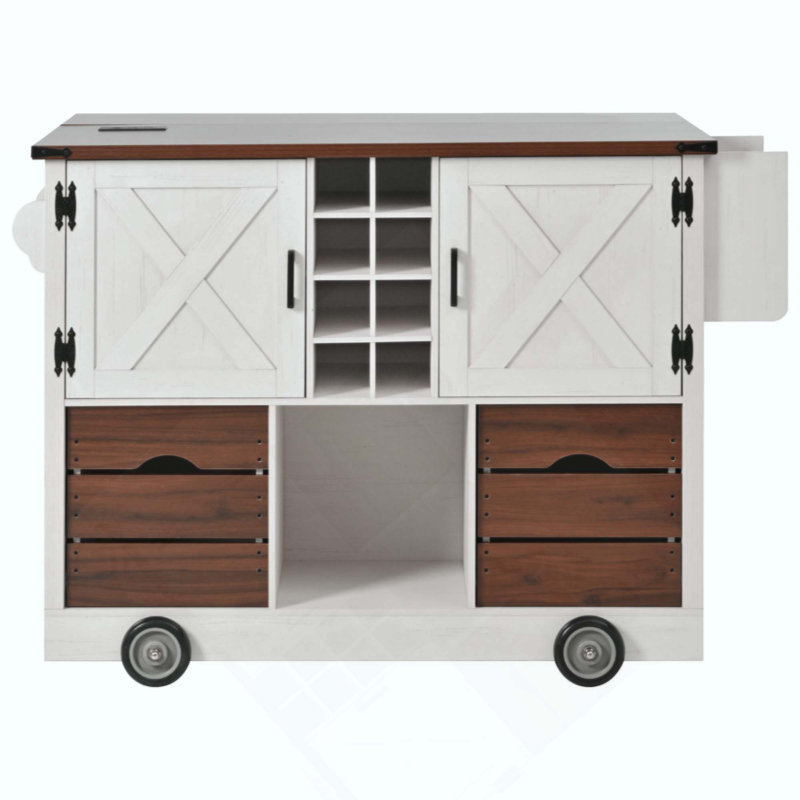 Farmhouse Kitchen Island With Drop Leaf, Power Outlet, Kitchen Storage Cart With 2 Doors, 2 Drawers, Rolling Kitchen Island On 4 Wheels With Spice Rack For Kitchen, Dining Room