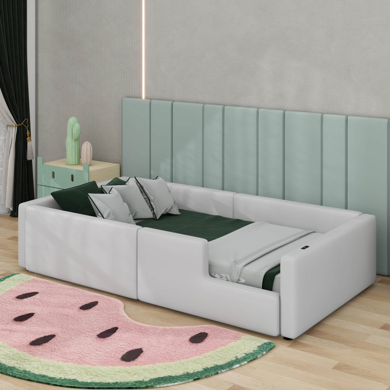 Lit plateforme tapissier simple avec garde-corps et station de charge