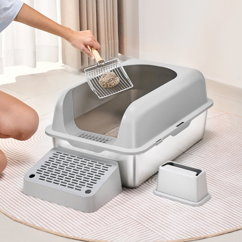 Light Gray Stainless Steel Extra Large Cat Litter Box with Scoop