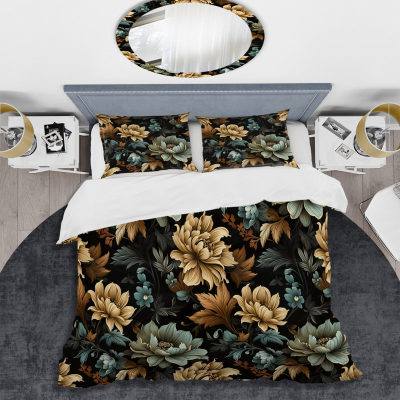 Vintage Noir Moody Patterns I Floral Duvet Cover, Twin Duvet Cover + 1 Standard Sham