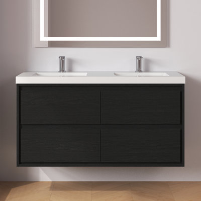 Ensemble de meuble-lavabo double autoportant 48 po avec plateau en granit blanc 48 po