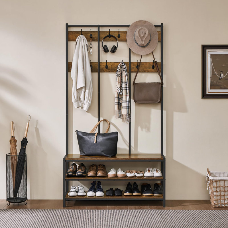 Hall Tree 100cm Wide with Bench and Shoe Storage, Rustic Brown