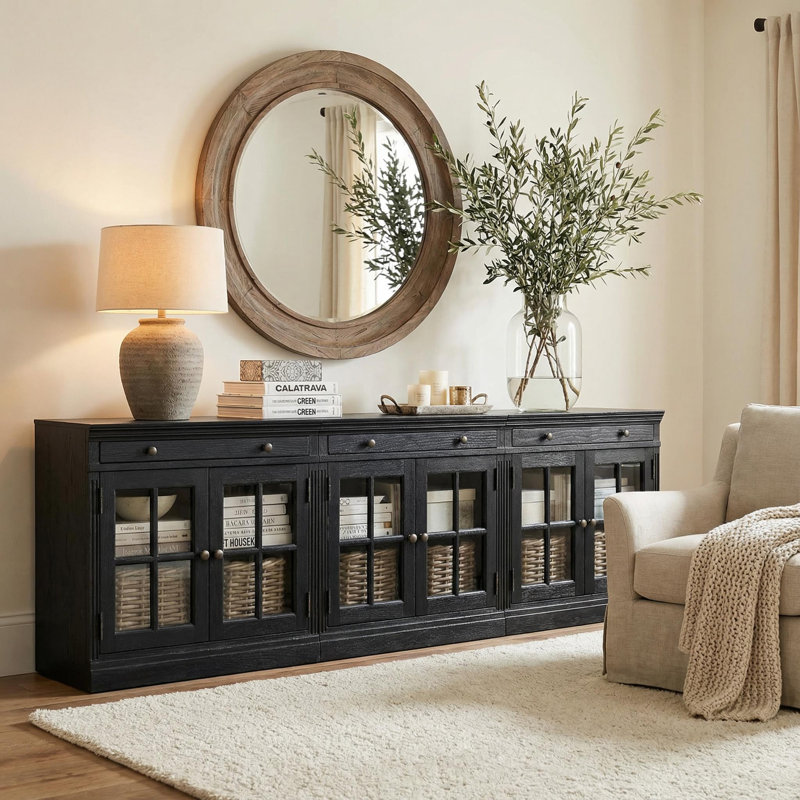 Buffet en bois massif avec console télé et bois de pin, Noir, noir, noir, noir