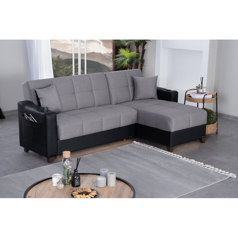 Canapé modulaire Lindsey beige avec similicuir chocolat, Tissu gris clair / similicuir noir