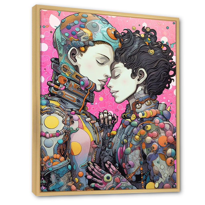 Charmants Robots célébrant l'amour rétro I - impression, Cadre flottant brun, H 44 po x l 34 po x P 1,5 po
