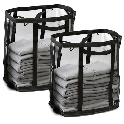 2 Pcs Laundry Hamper Bag with Handles,Portable & Collapsible Dirty Clothes Mesh Basket Foldable for Washing Storage, Kids Room,Dorm or Travel (Black)