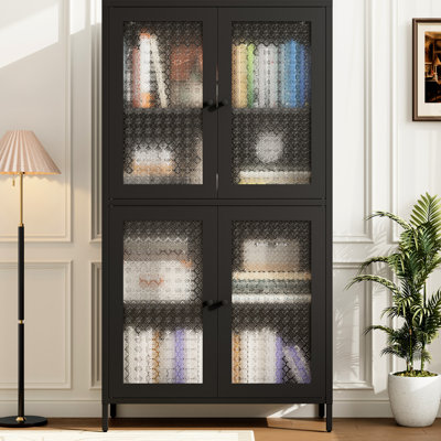 Metal Storage Cabinet With 4 Glass Doors And Shelves - Freestanding Unit For Home, Office, Living Room, Kitchen Black, Tempered Shelf Units Home Black Charisma