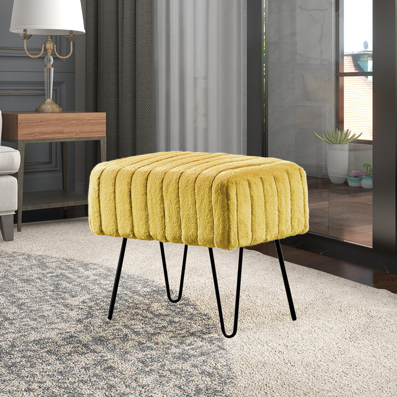 Defranco Upholstered Ottoman, Jojoba Yellow Faux Fur