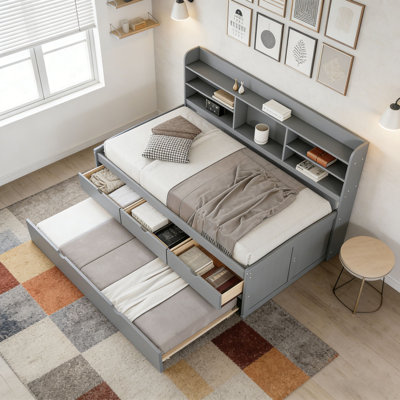 Wooden Captain Bed with Built-in Bookshelves,Three Storage Drawers and Trundle