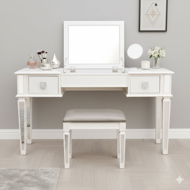 Bureau de coiffeuse en miroir avec tiroirs. Ensemble de coiffeuse avec miroir et tabouret. Comprend une coiffeuse rabattable qui convient aux chambres à coucher ou aux salles de maquillage, et peut également servir de bureau de travail pour les femmes et les filles - un ensemble de meubles.