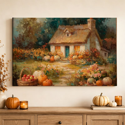 Décoration murale champêtre avec citrouilles - Style ferme et récolte, impression sur toile tendue de 61 cm x 91 cm, prête à être accrochée dans le salon, la salle à manger ou le bureau.