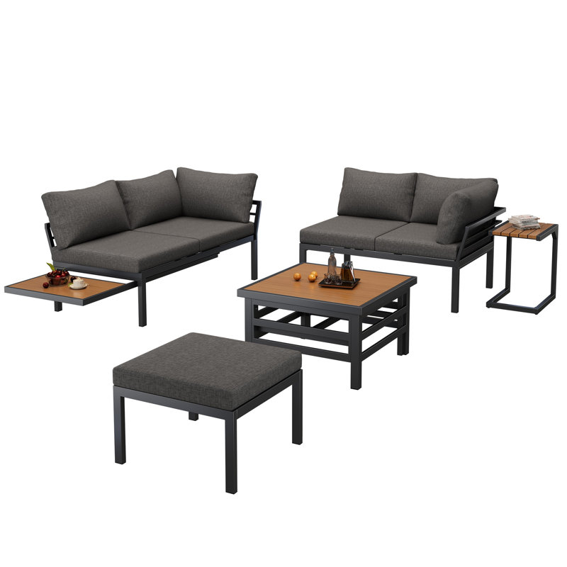 Outdoor Patio Sofa Set with 2 Double Sofas & Ottoman, Lift-Top Plastic-Wood Coffee Table, Extendable Side Table & Galvanized Iron Frame with Full Cushions