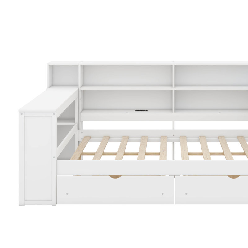 Lit plateforme double avec tiroirs, station de charge, DEL, Blanc / beige