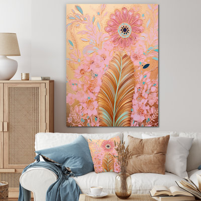 Boho Glam or plume et fleurs roses - art mural sur toile Dreamcatcher