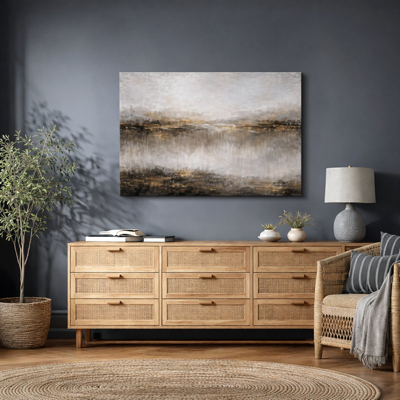 Abstrait, horizon doré neutre, œuvre d'art de paysage moderne, images de chambre à coucher moderne, impression sur toile encadrée