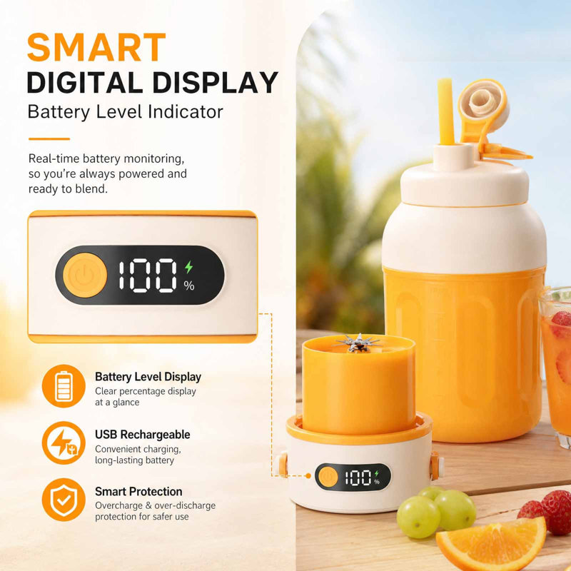Portable  Juicer Cup USB-C Rechargeable Shakes Travel Juicer Bottle With  Leakproof Lids Straw And Digital Display, A