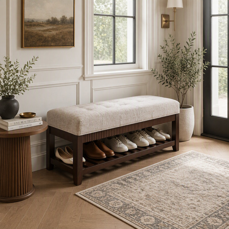Banc d'entrée en hévéa massif avec coussin rembourré et étagère à chaussures intégrée., Brun cendré / patchwork, Brun cendré