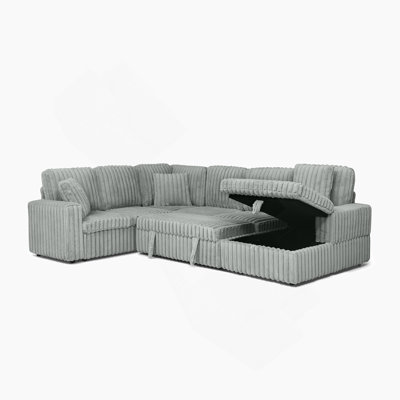 Boneless Corduroy Striped Upholstered Sofa, Modern Minimalist U-Shaped Combination Sofa, Pull - Out Bed & Storage Chaise, Seat Soft Couch - Black (Assembly Is Required)