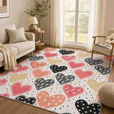 Tapis 1 pièce à motif de cœur dessiné à la main - Scatter charmant avec des accents en pointillés, lavable et durable, grand envers antidérapant mince, idéal pour le salon, la chambre à coucher, la cuisine, le couloir, le bureau pour la maison