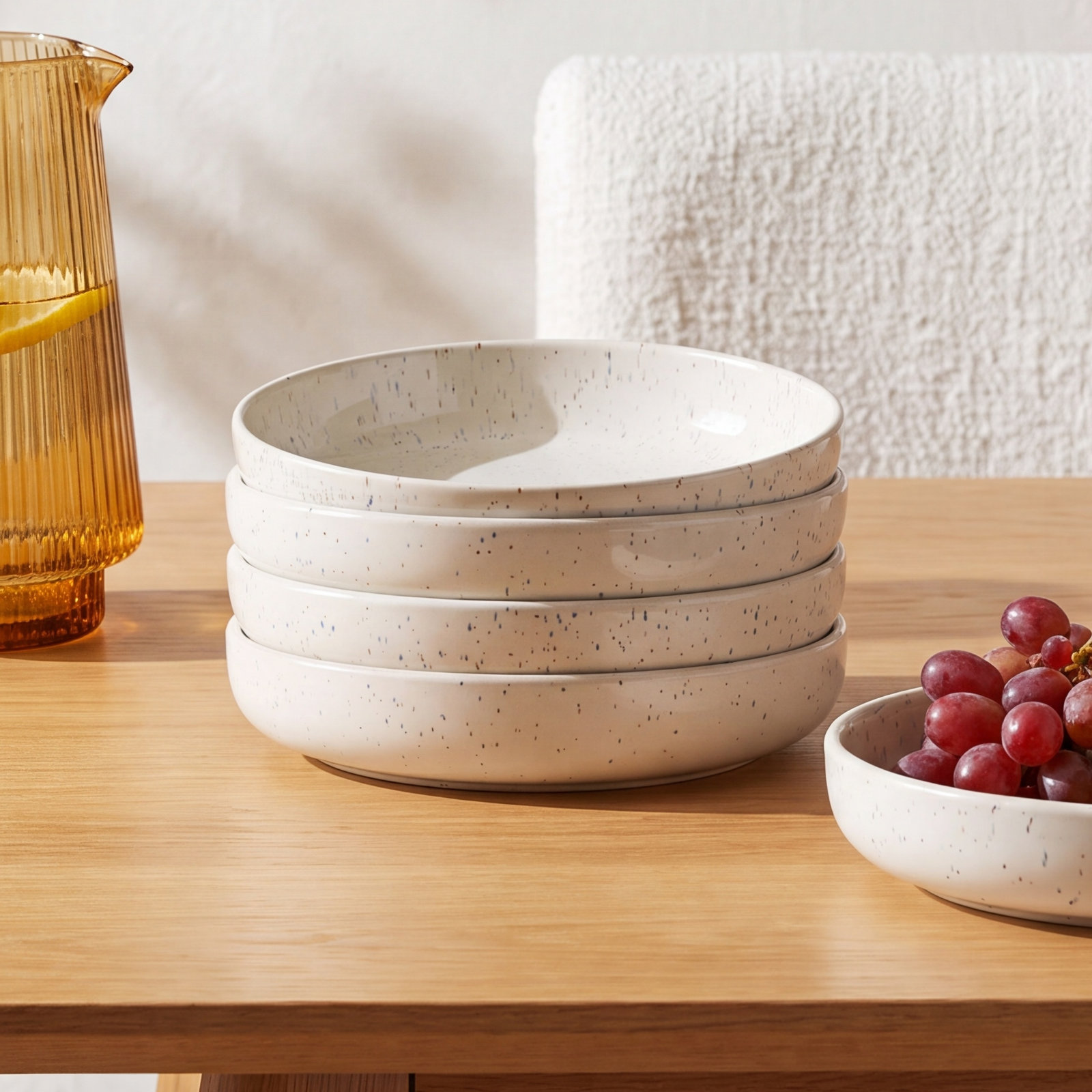 8.5" W Striped Round Pasta Bowls, Creamy White