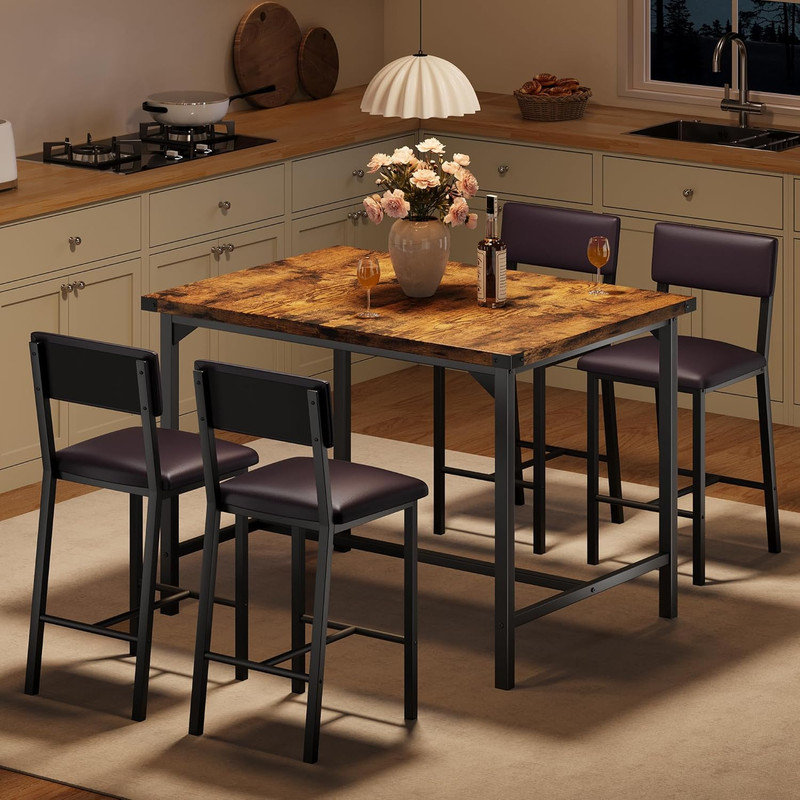 Dining Table Set for 4 – 5-Piece Counter Height Table with 4 Upholstered Bar Stools, Footrest & Corner Protector for Kitchen, Apartment