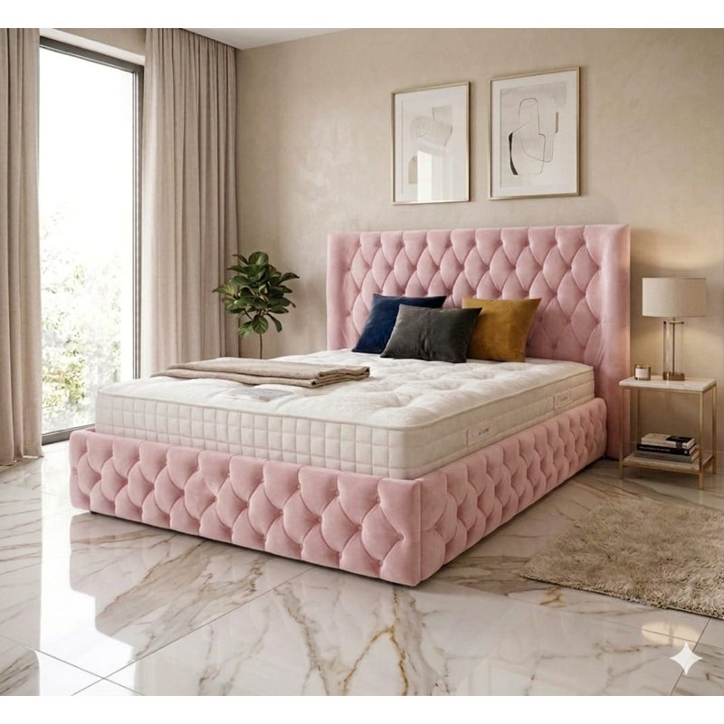 Chesterfield Upholstered Winged Bed Frame, 4FT6 ( Double Bed ), Pink, Plush Velvet